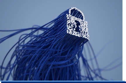 Eine 3D Illustration eines aus Kabel bestehenden Vorhängeschloß, dass die Daten schützt.