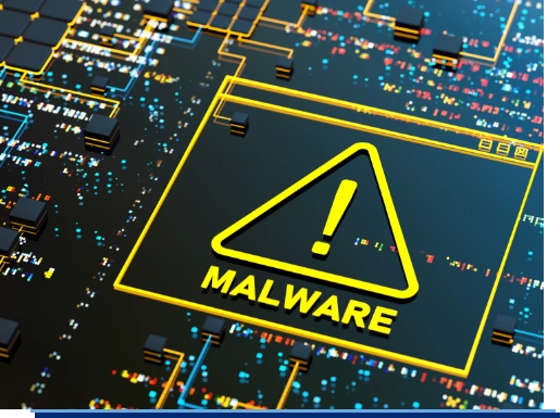 Eine 3D Illustratione einer Malware Warnung auf einer Computer Hauptplatine.