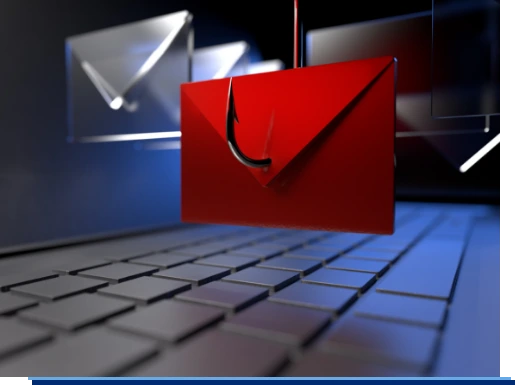 Eine 3D Illustration einer Computer Tastatur. Darüber hängt ein roter Briefumschlag an einem Angelhacken.